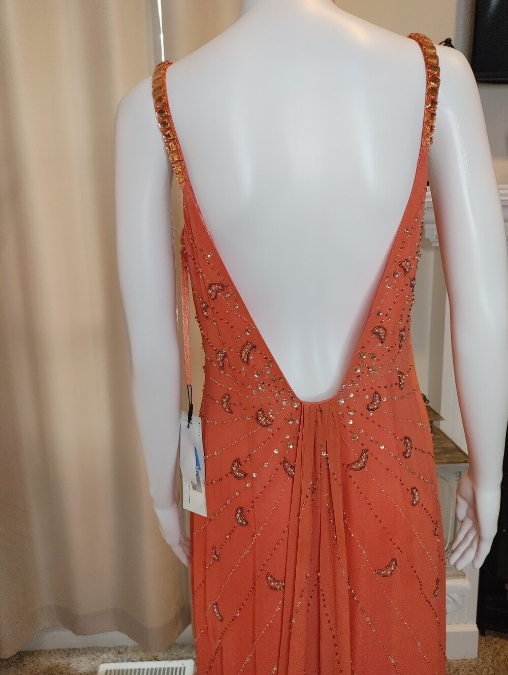 VINTAGE SUE WONG SILK BEADED FORMAL DRESS, CORAL 10 - Picture 9 of 16